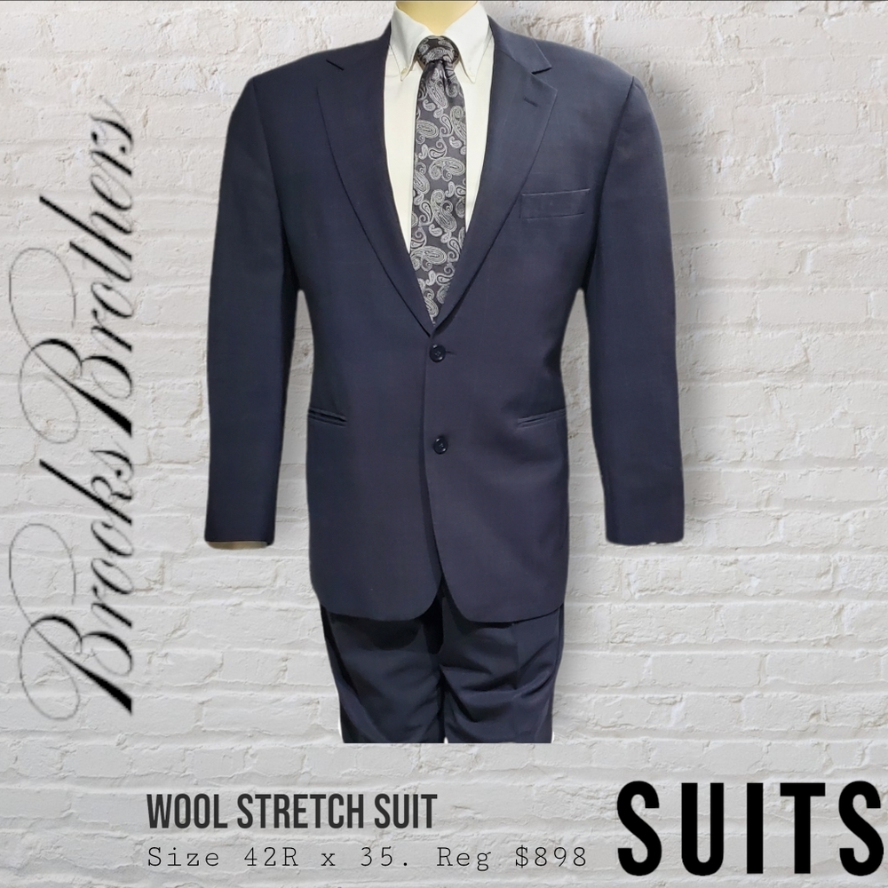 Brooks Brothers "346" Wool Lycra Suit, Navy Glen Check, Men's 42 Regular x 35